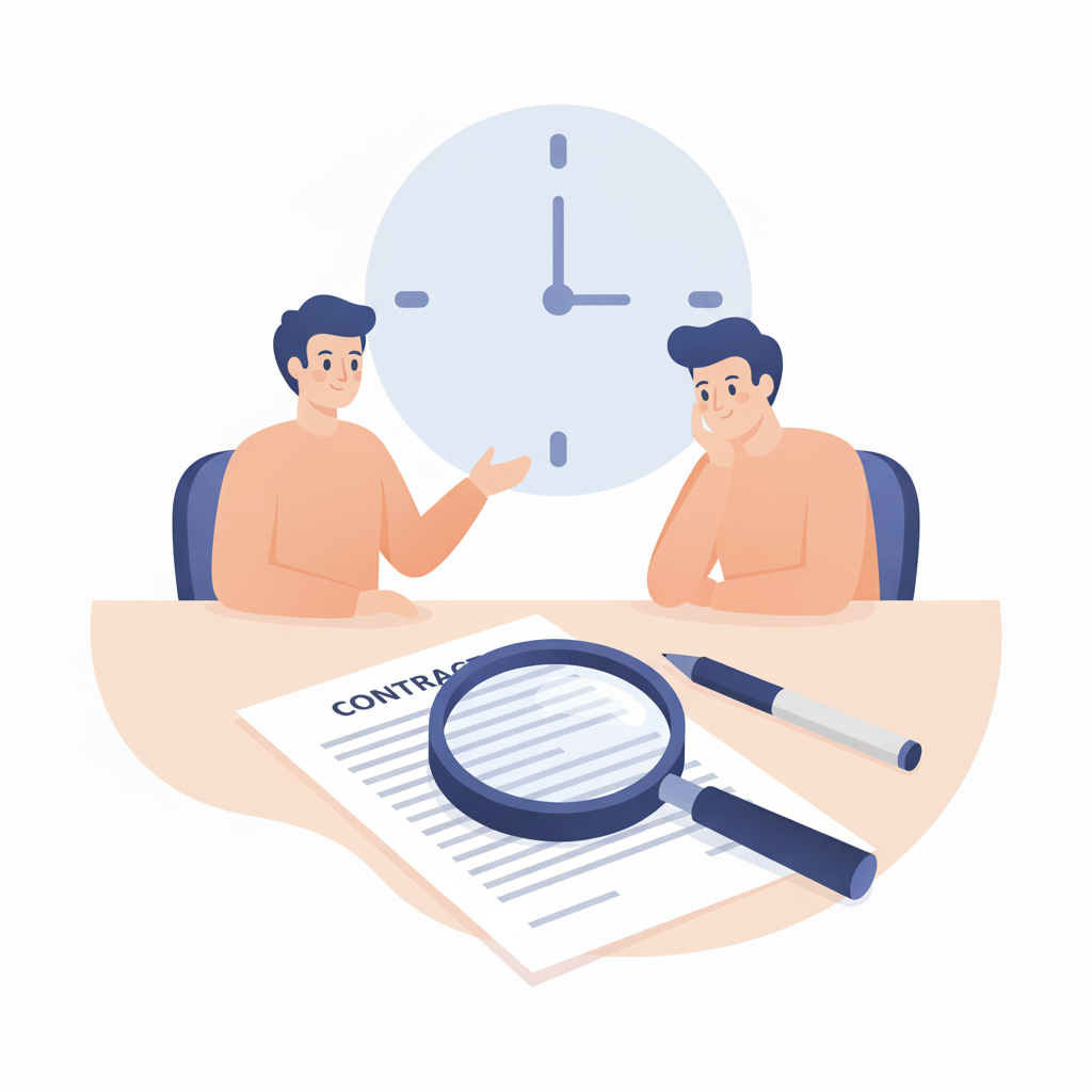 Two men sitting at a table with a contract, a magnifying glass, and a marker. One man is explaining, and the other appears thoughtful. A clock is visible in the background.