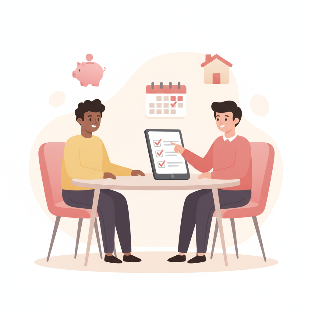 Two people sitting at a table, discussing finances, with a tablet displaying checkmarks, and icons of a piggy bank, calendar, and house floating behind them.