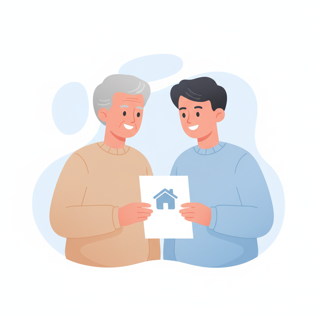 An older man and a younger man smiling while holding a paper with a house icon, suggesting a real estate or homeownership concept.