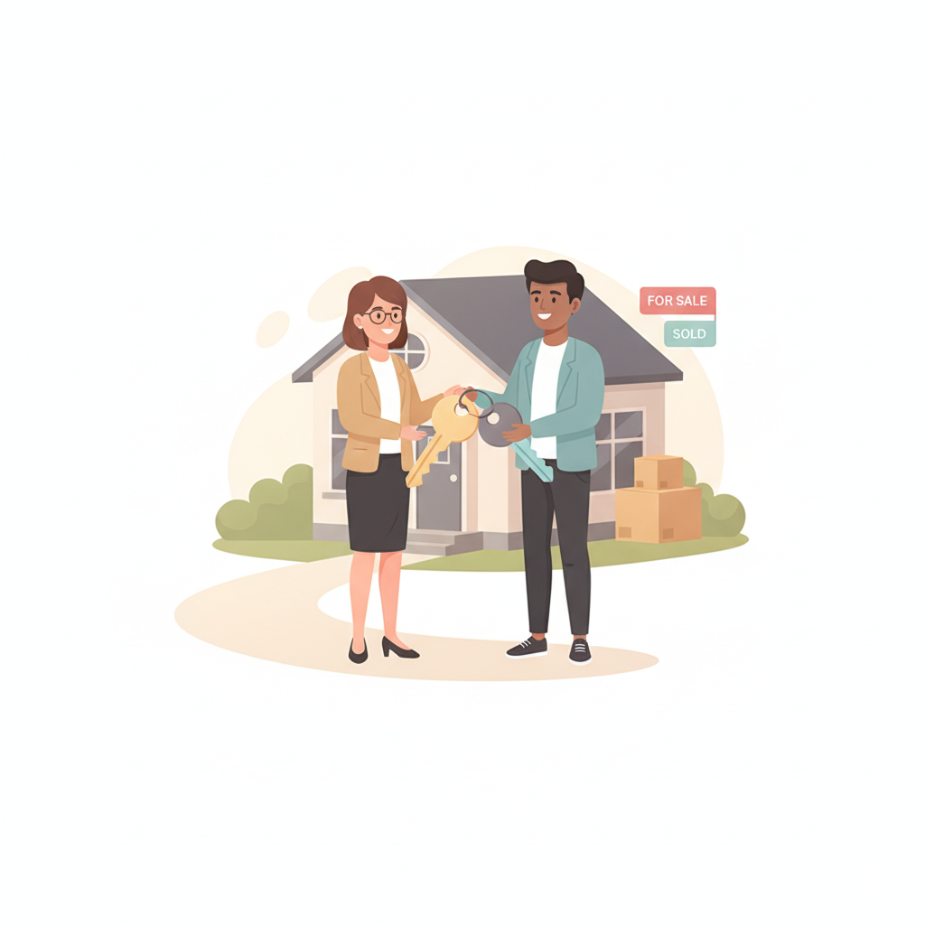 A woman handing over house keys to a man in front of a house, with 'for sale' and 'sold' signs in the background, and cardboard boxes nearby.