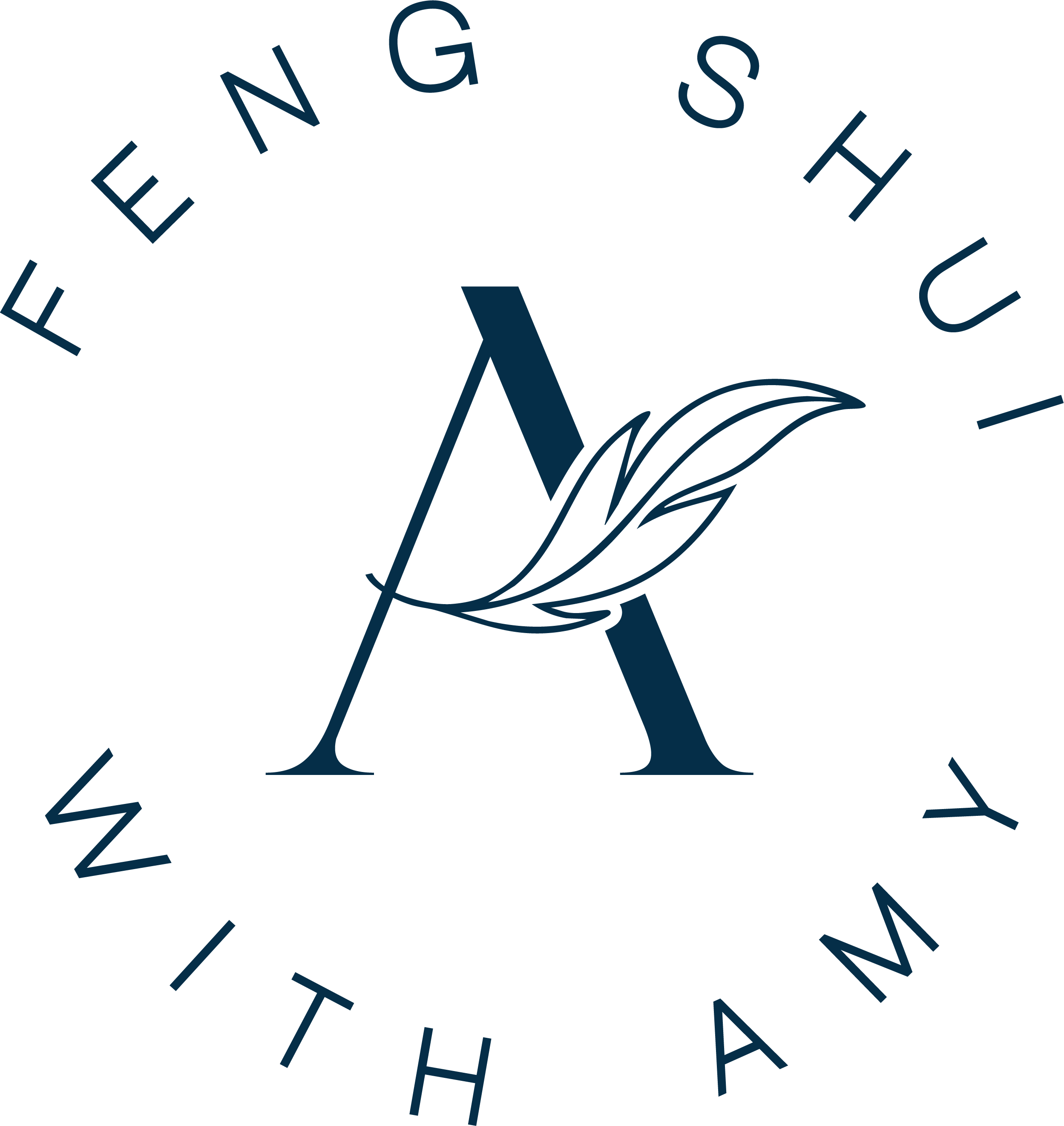 A logo with a large letter 'A' in the center, a feathered quill behind it, and the words 'FENNING SHUITY' at the top and 'WITH AM' at the bottom in a circle.
