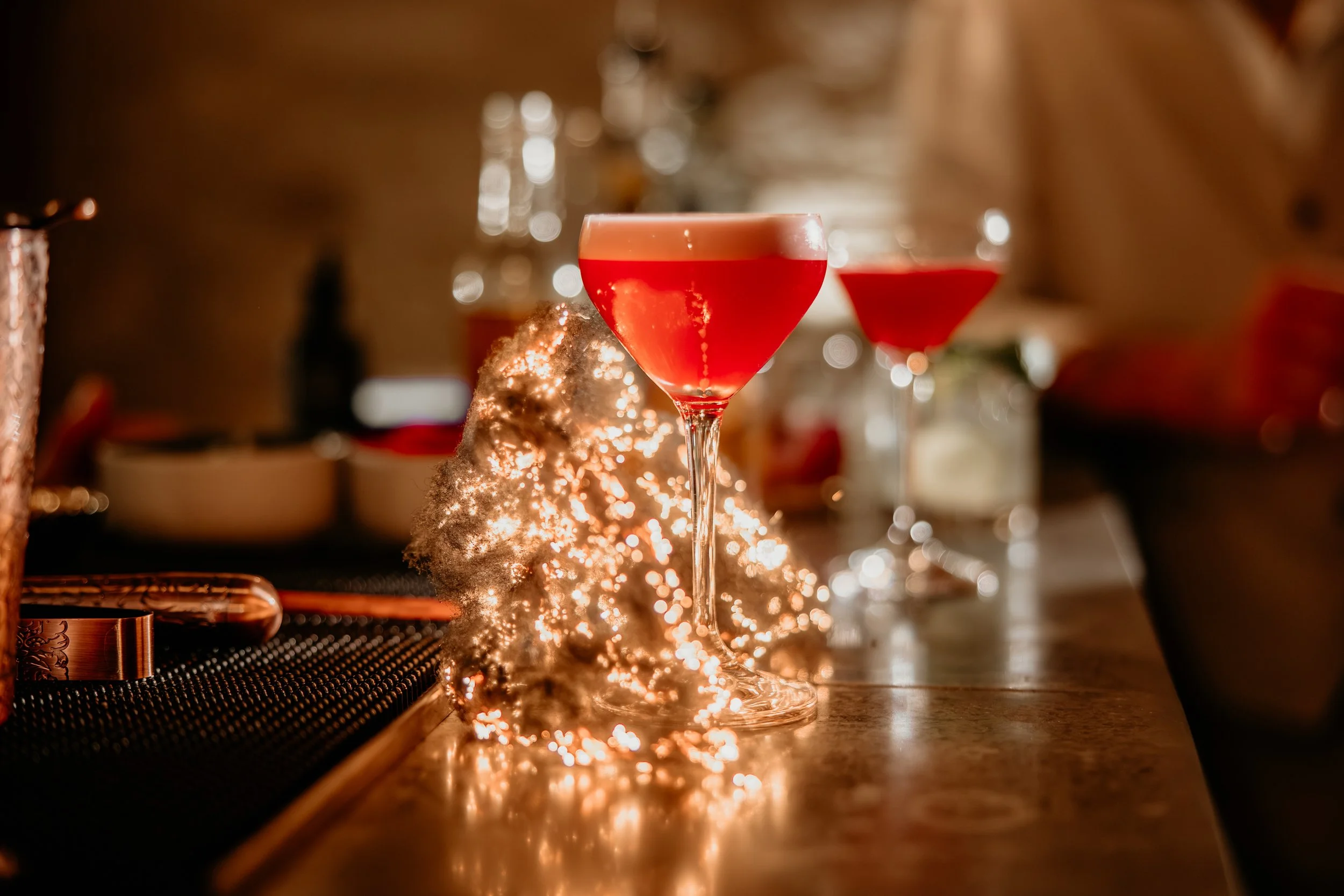 Signature cocktail with sparkler at a private event, Oxleaze Barn