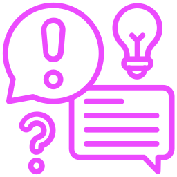 Lightbulb, question marks, speech bubbles, and exclamation mark icon in purple on black background.