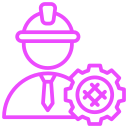 Outline of a person in a suit with a tie, wearing a graduation cap, holding a gear symbol, in pink