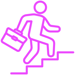 Neon outline of a person carrying a briefcase, walking up stairs.