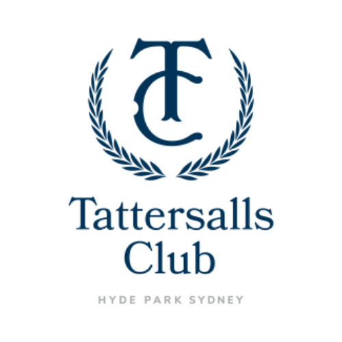 Tattersalls Club logo with a stylized 'T' and laurel branches, and text 'Tattersalls Club Hyde Park Sydney'.