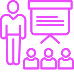 Outline of a person standing in front of a presentation board with three seated audience members.