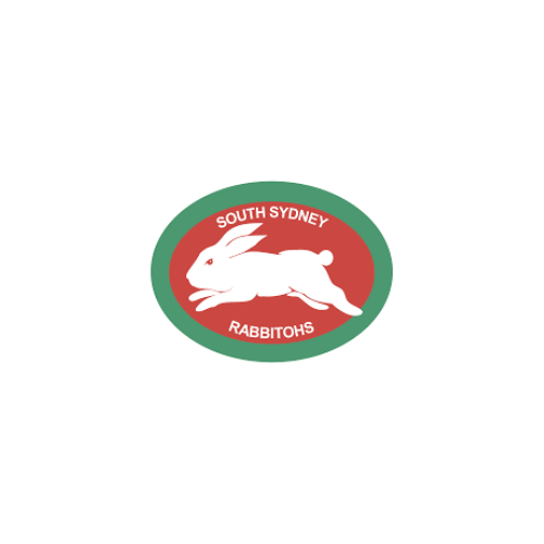 Logo of the South Sydney Rabbitohs, featuring a white rabbit running inside a red circle with green border, with the words "South Sydney Rabbitohs" surrounding it.