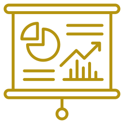 A presentation board with financial charts including a pie chart and an upward trending line graph.