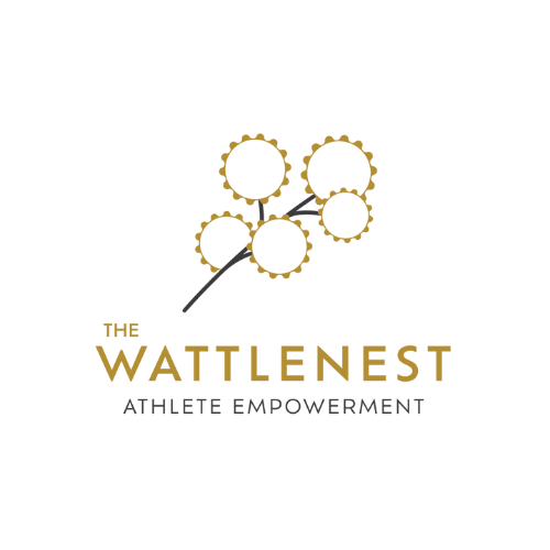 Logo for The Wattlenest with a stylized nest made of gold gears and text indicating athlete empowerment.