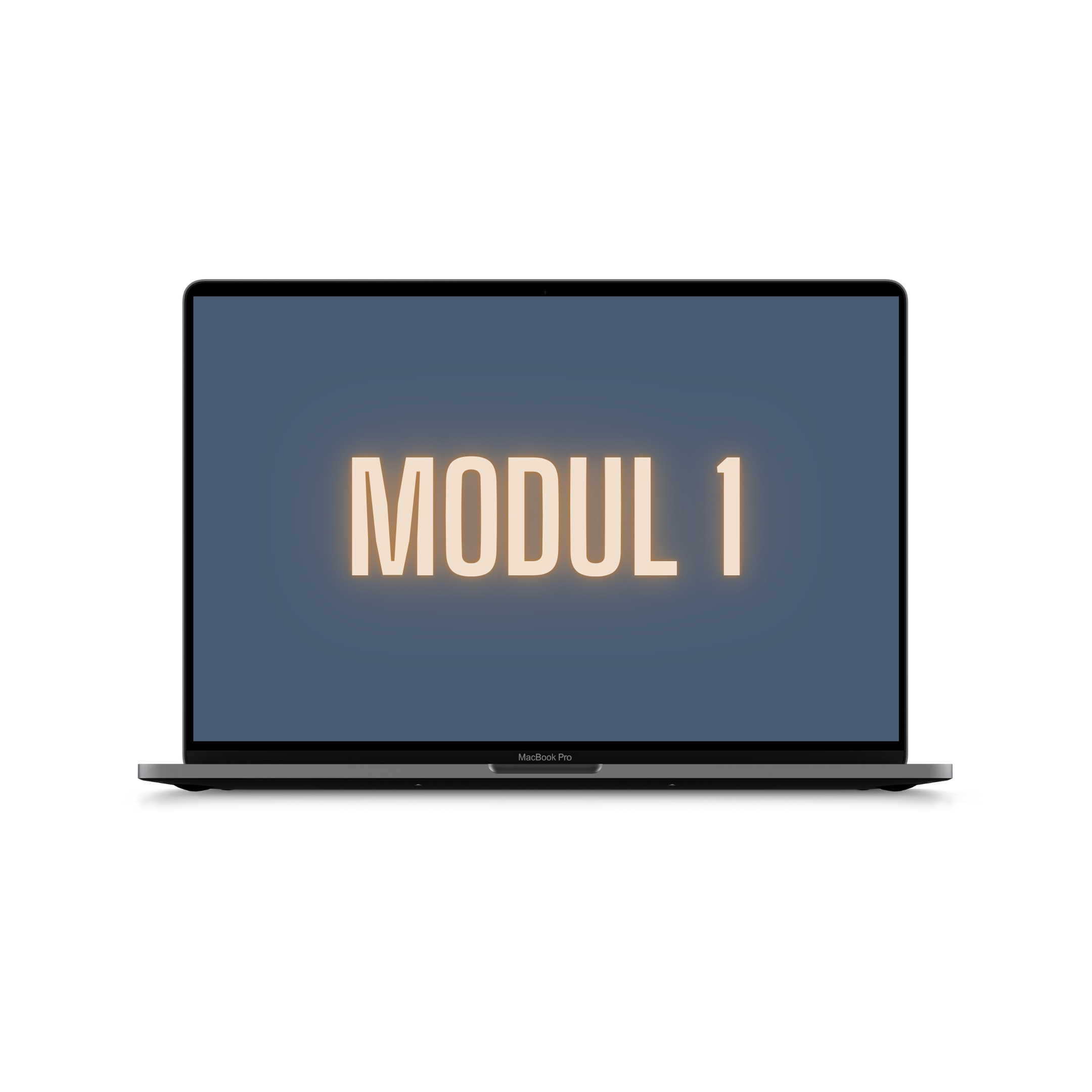 En MacBook Pro med texten 'MODUL 1' på skärmen.