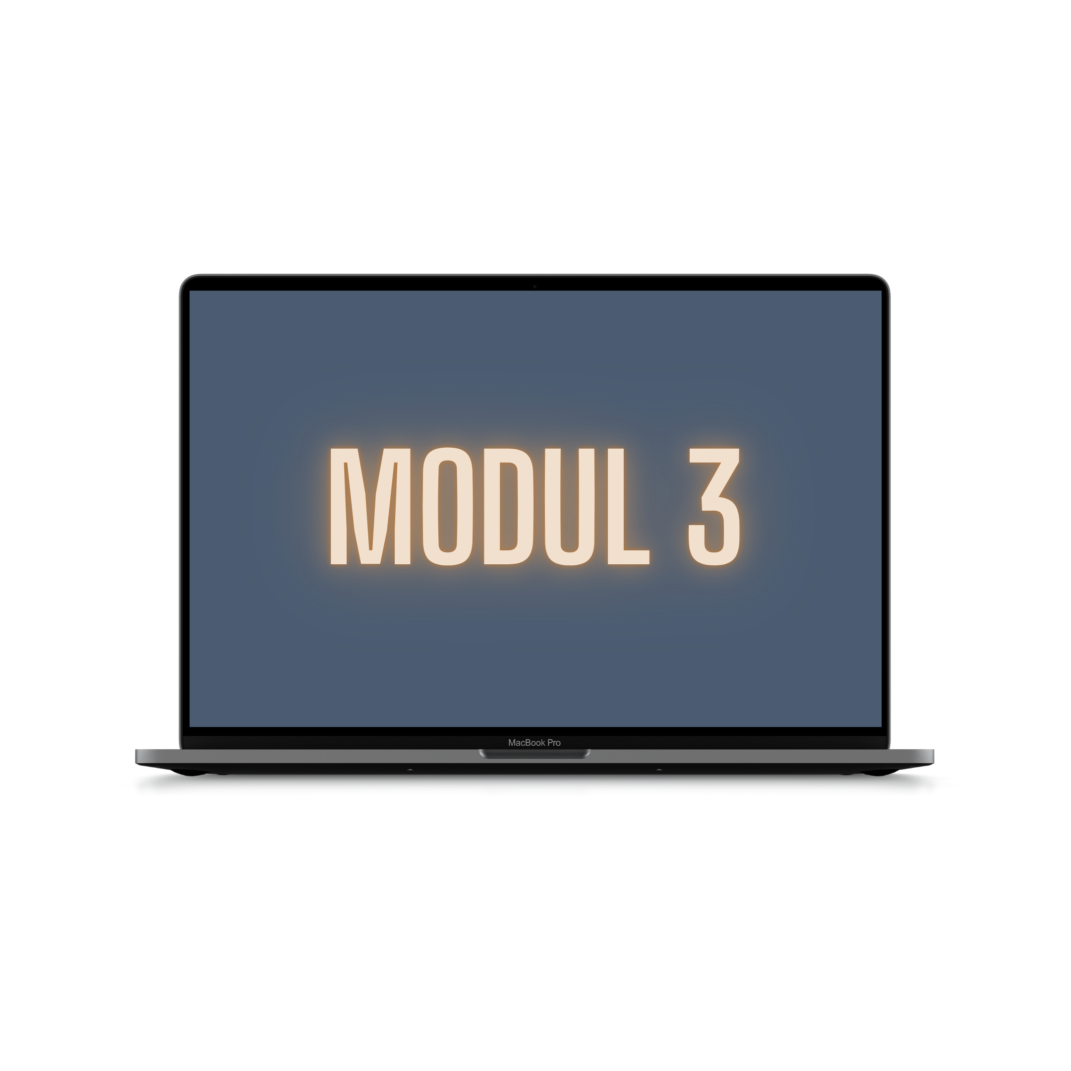En bärbar dator med skärmen som visar texten "MODUL 3" i ljusfärgat teckensnitt på en mörk bakgrund.