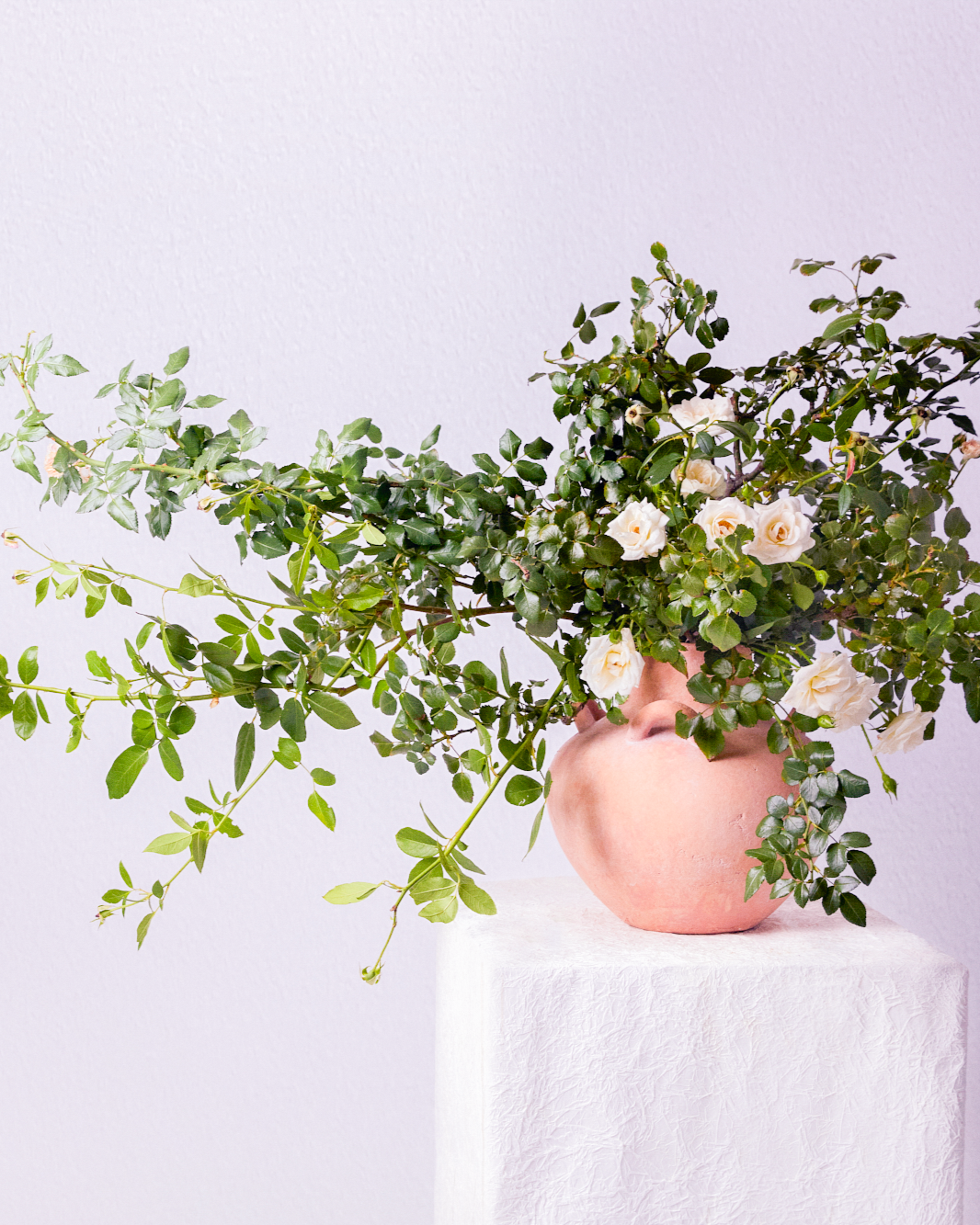 A large bouquet of green leafy branches with white roses in a pink ceramic vase placed on a white textured surface against a plain white wall.