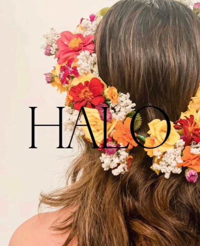 A person with long, wavy brown hair wears a colorful floral crown made of various flowers, with the word 'HALO' overlayed on the image.