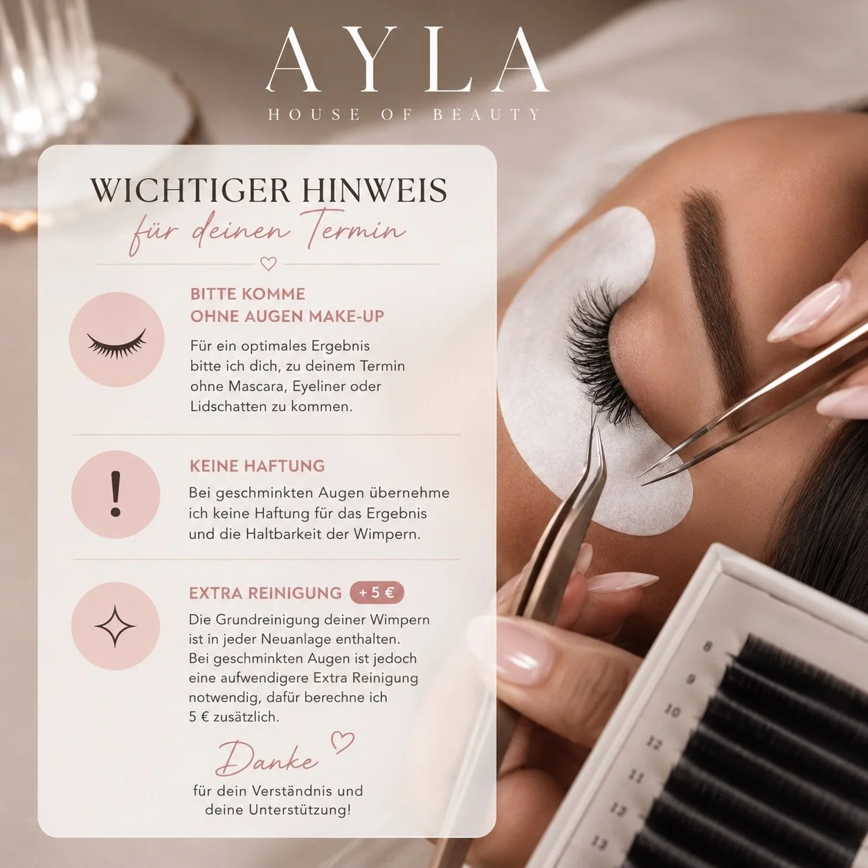 🤍 Kleiner Reminder vor deinem Wimperntermin 🤍

Bitte komme m&ouml;glichst ohne Augen Make-up zu deinem Termin, damit wir direkt starten k&ouml;nnen und deine Wimpern optimal halten ✨

Eine Grundreinigung ist nat&uuml;rlich immer inklusive.
Wenn die