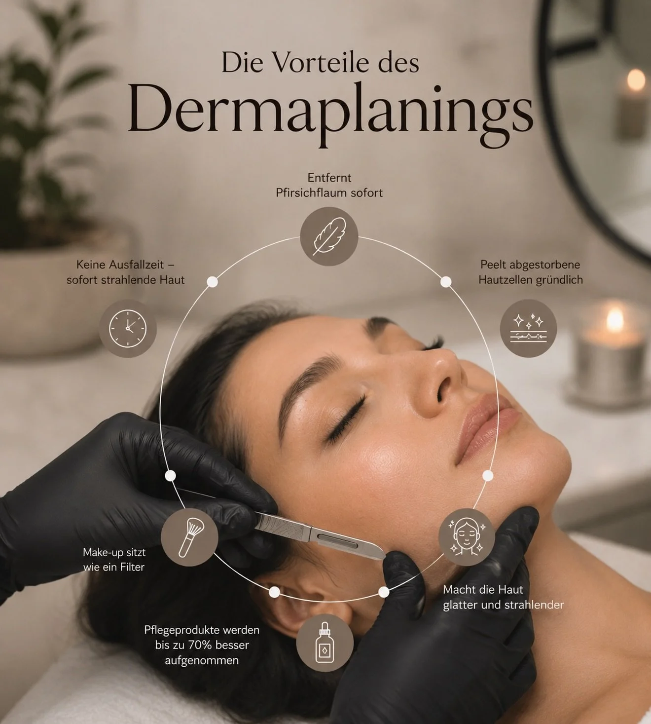 ✨ Sanfte Haut. Sofortiger Glow. ✨
Dermaplaning entfernt abgestorbene Hautzellen und feinen Pfirsichflaum f&uuml;r ein sichtbar glatteres, strahlenderes Hautbild. 🤍

Dein Make-up sitzt ebenm&auml;&szlig;iger, Pflegeprodukte k&ouml;nnen besser aufgeno