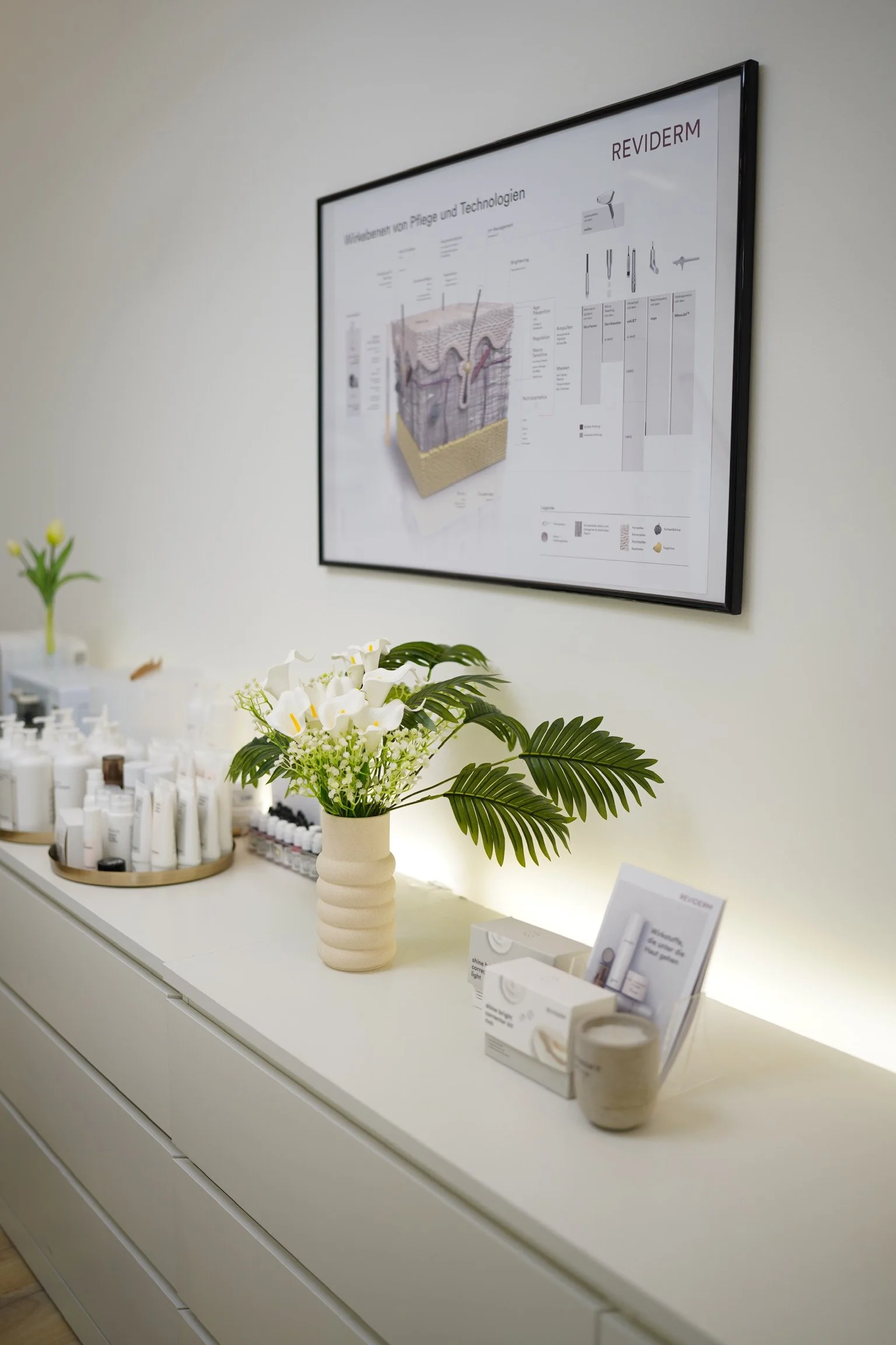 Innenraum eines Raums mit einem weißen Sideboard, auf dem sich eine Vase mit weißen Blumen und große grüne Blätter, sowie Pflegeprodukte und Informationsmaterial befinden. An der Wand hängt ein gerahmtes Diagramm.