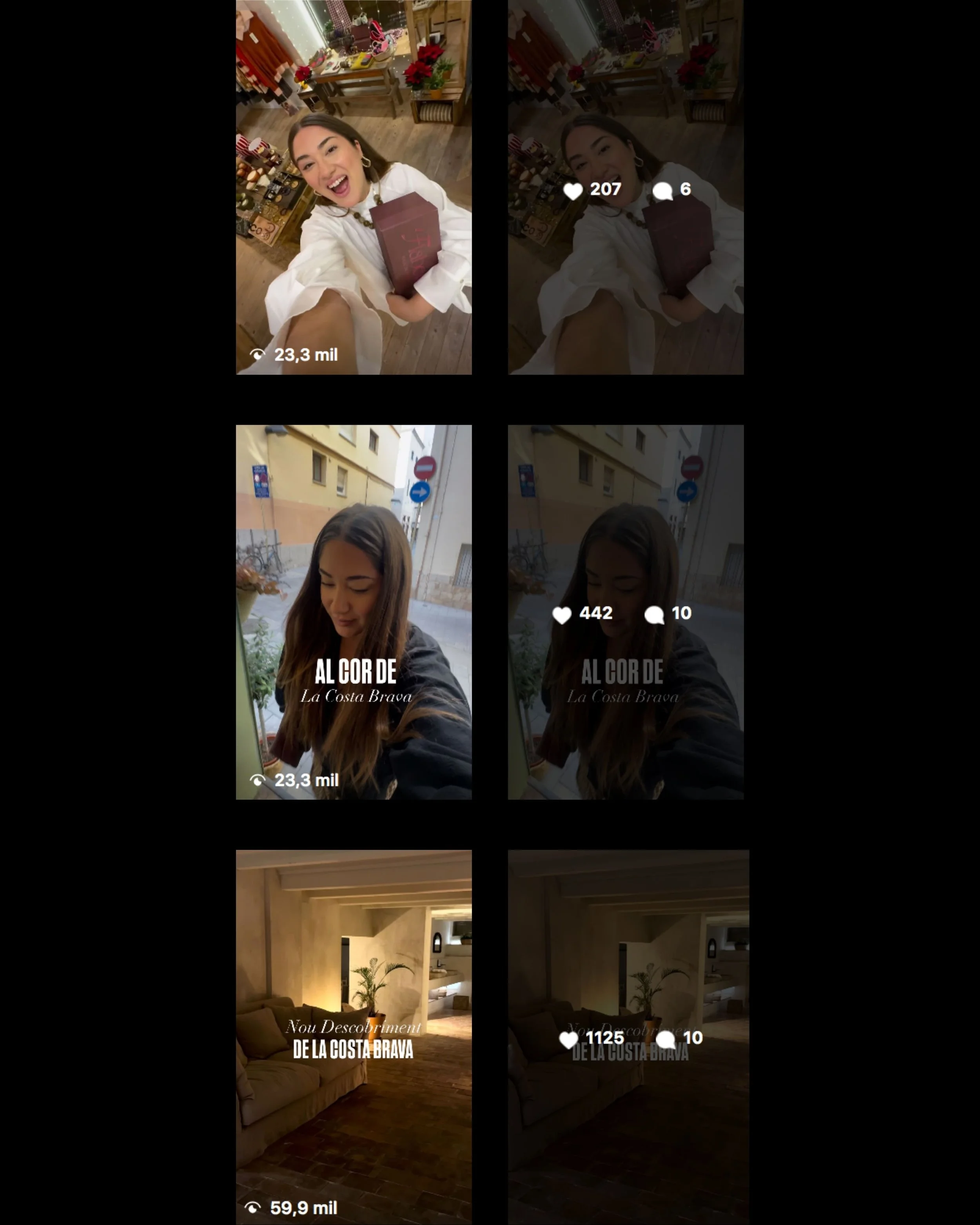 Serie de tres publicaciones en redes sociales mostrando distintas personas y un espacio interior y exterior. La primera imagen es de una mujer sonriente que sostiene un libro en un lugar decorado con detalles navideños. La segunda imagen es de una mu