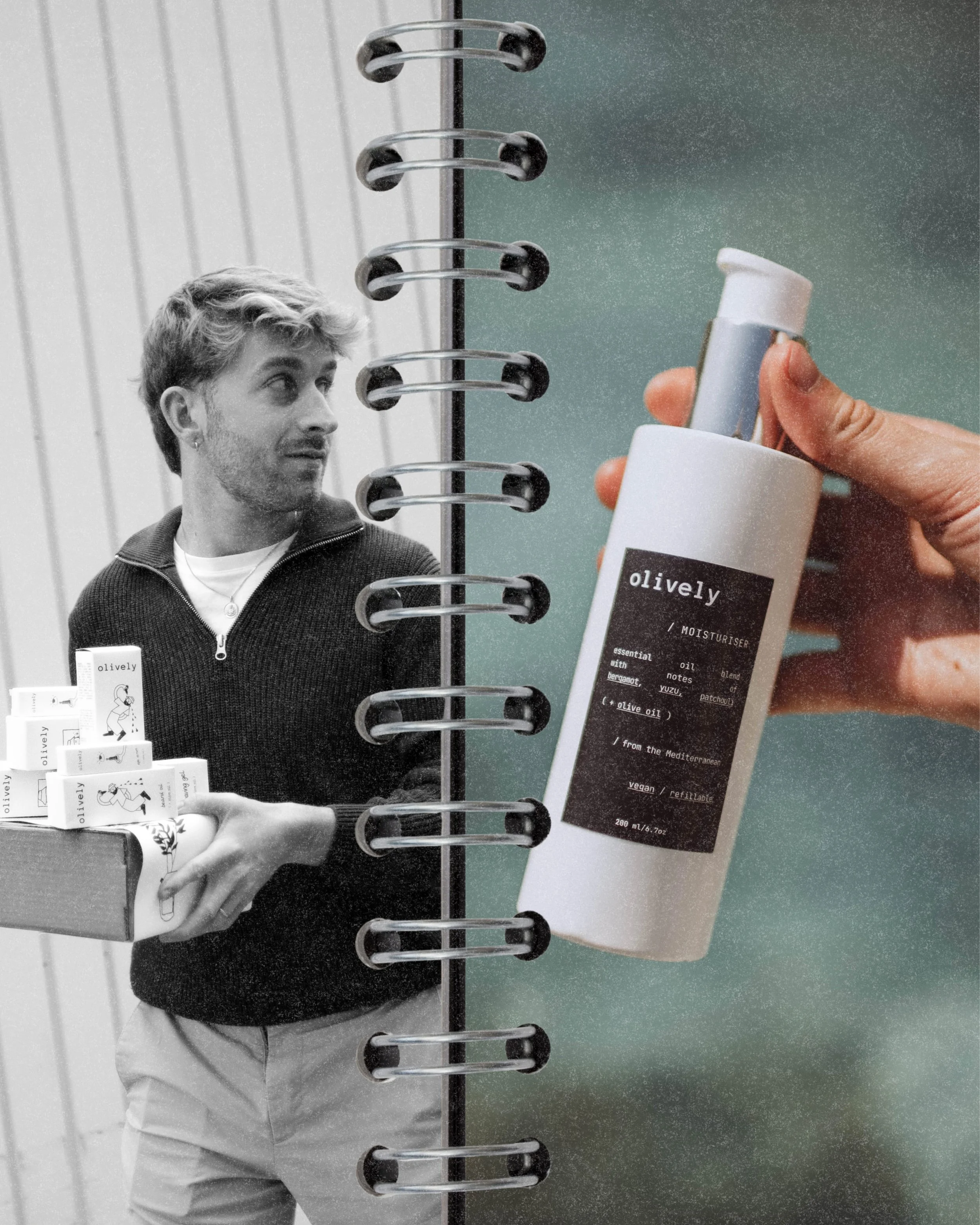 Una persona en color negro sostiene una caja con varios productos llamados 'olively'; otra mano sostiene un envase de loción.