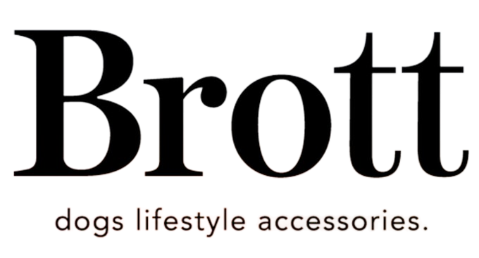Texto que dice 'Brott' en letras grandes y negras con descripción adicional en letras más pequeñas y rosadas que dice 'dogs lifestyle accessories'.
