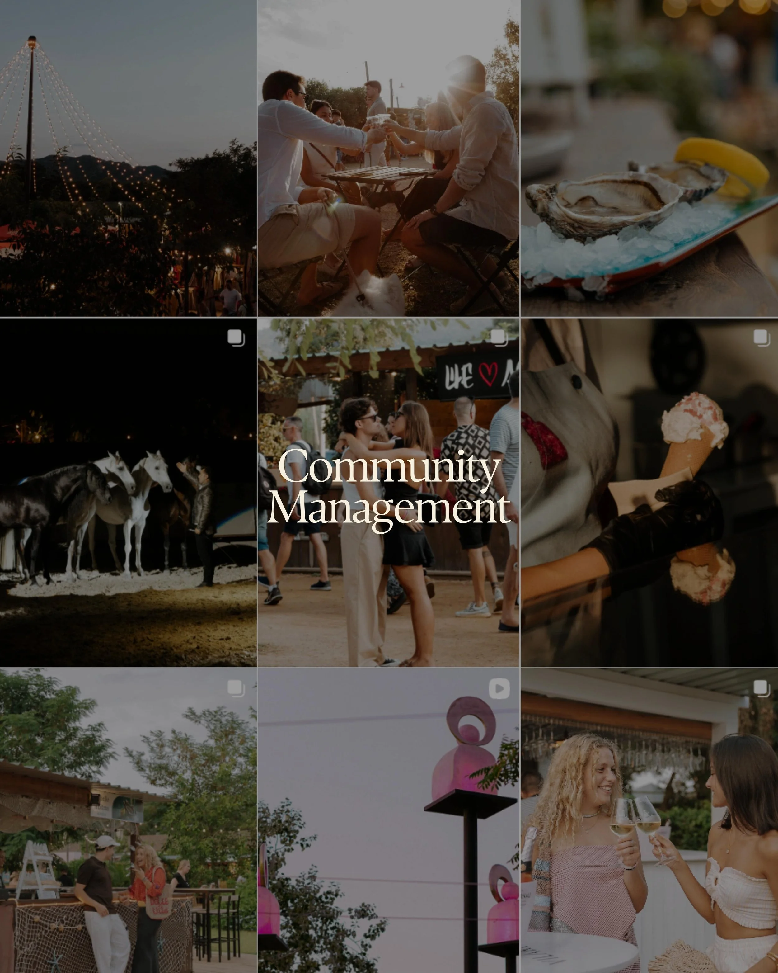 Collage de diferentes escenas comunitarias personas compartiendo en una reunión al aire libre, mariscos en hielo, caballos en un espectáculo ecuestre, jóvenes socializando en un evento, una persona sirviendo helado, una pareja conversando con copas d