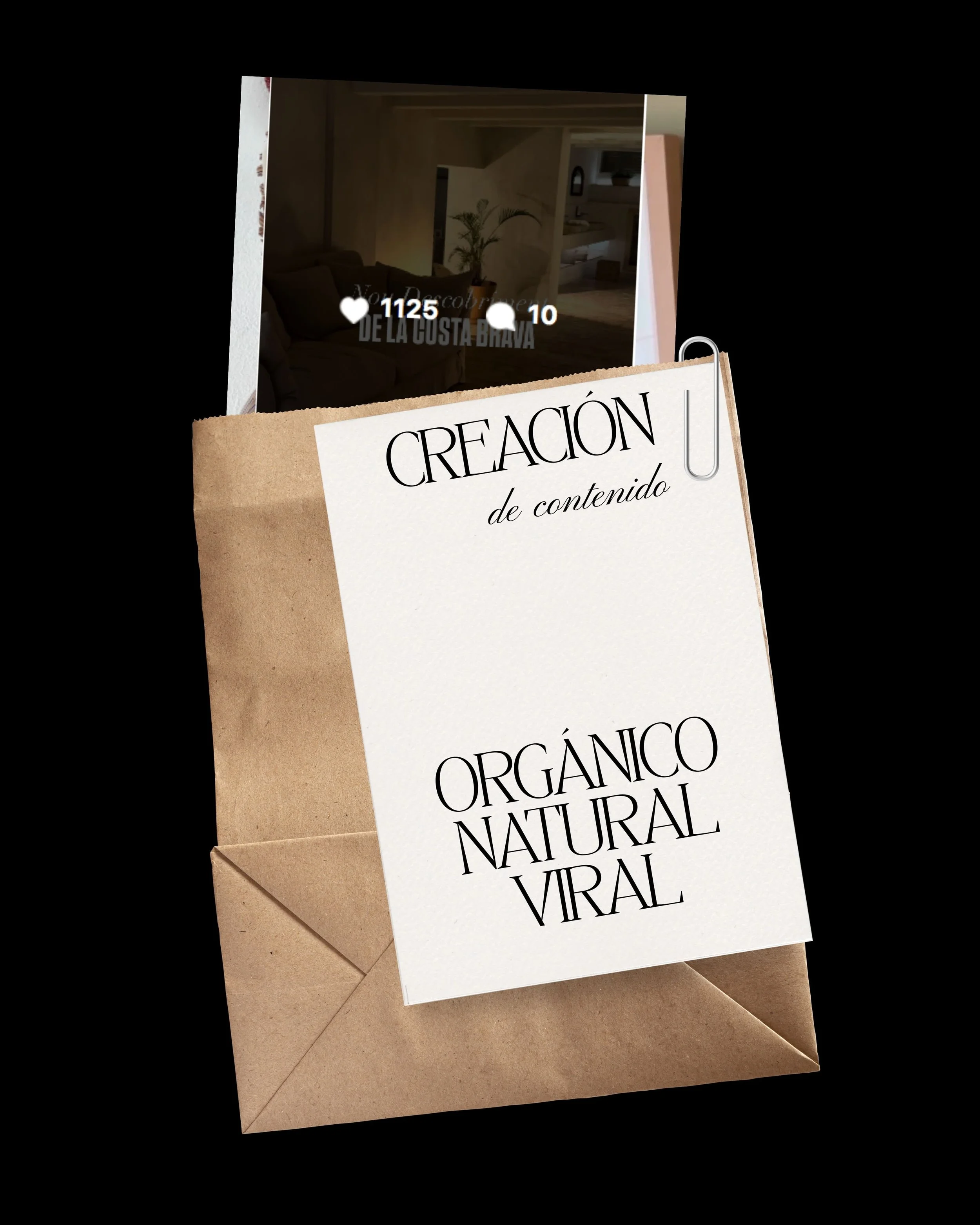 Una bolsa de papel con una nota que dice 'CREACIÓN de contenido ORGANICO NATURAL VIRAL' y una foto en la parte superior que muestra un interior de una casa con muebles y plantas para la marca Casa Gökotta