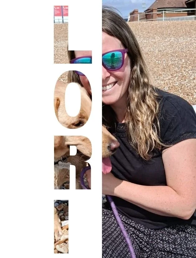 A woman with sunglasses smiling and holding a dog, with the word 'LOVE' overlayed vertically in large white letters, showing parts of the woman, dog, and background through the letters.