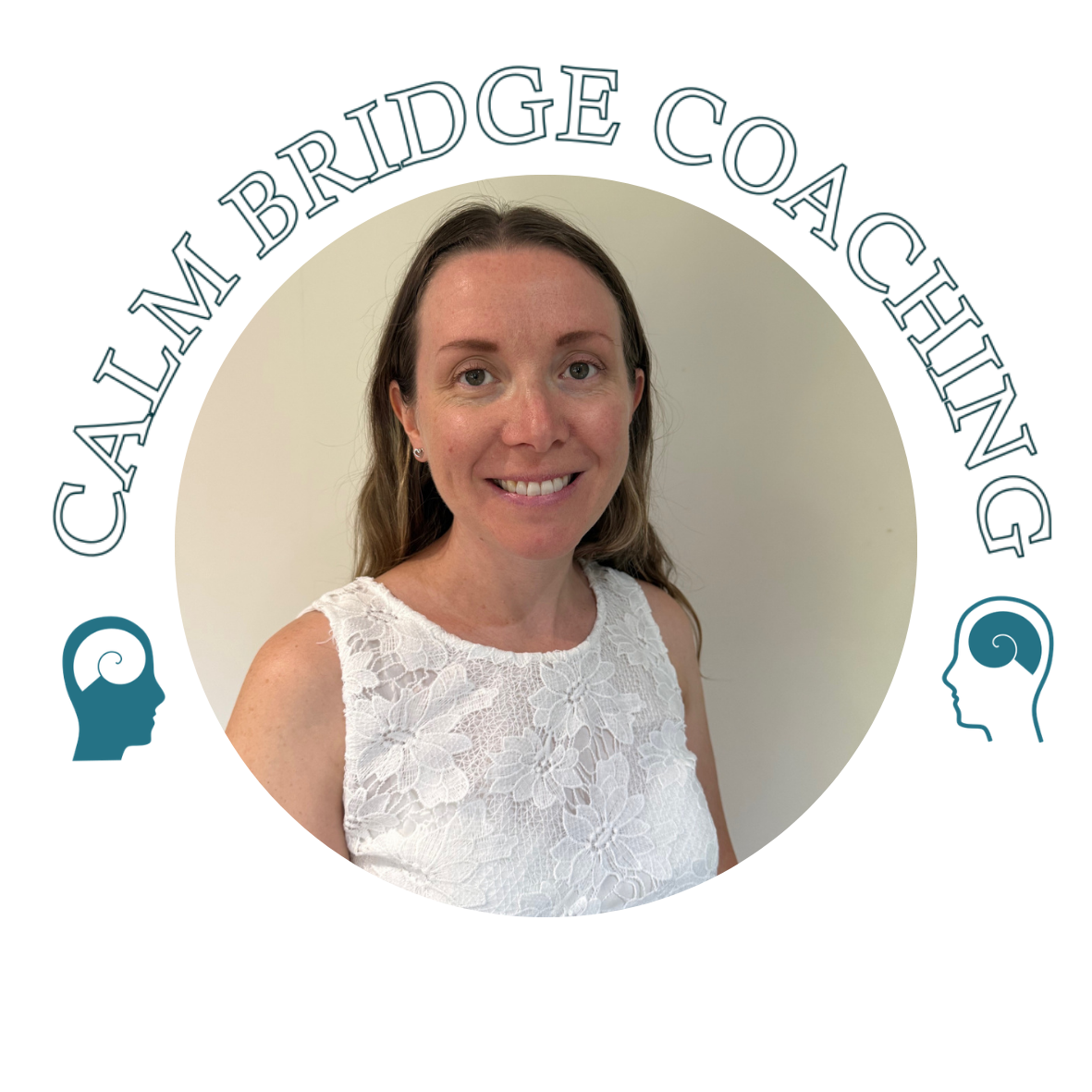 A woman with brown hair in a white lace sleeveless top smiling at the camera, with text around her that says 'Calm Bridge Coaching' and two icons of stylized heads with spiral designs.