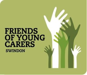 Logo for Friends of Young Carers Swindon showing multiple raised hands in white and green colors on a light green background.