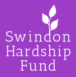 Swindon Hardship Fund logo with white text and a white plant icon on a purple background.