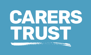 Logo for Carers Trust with white text on a blue background.