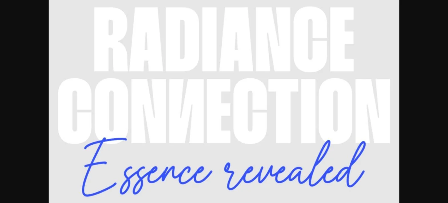 Text reading 'Radiance Connection' in large white letters with 'Essence Revealed' in blue cursive below, on a light gray background.