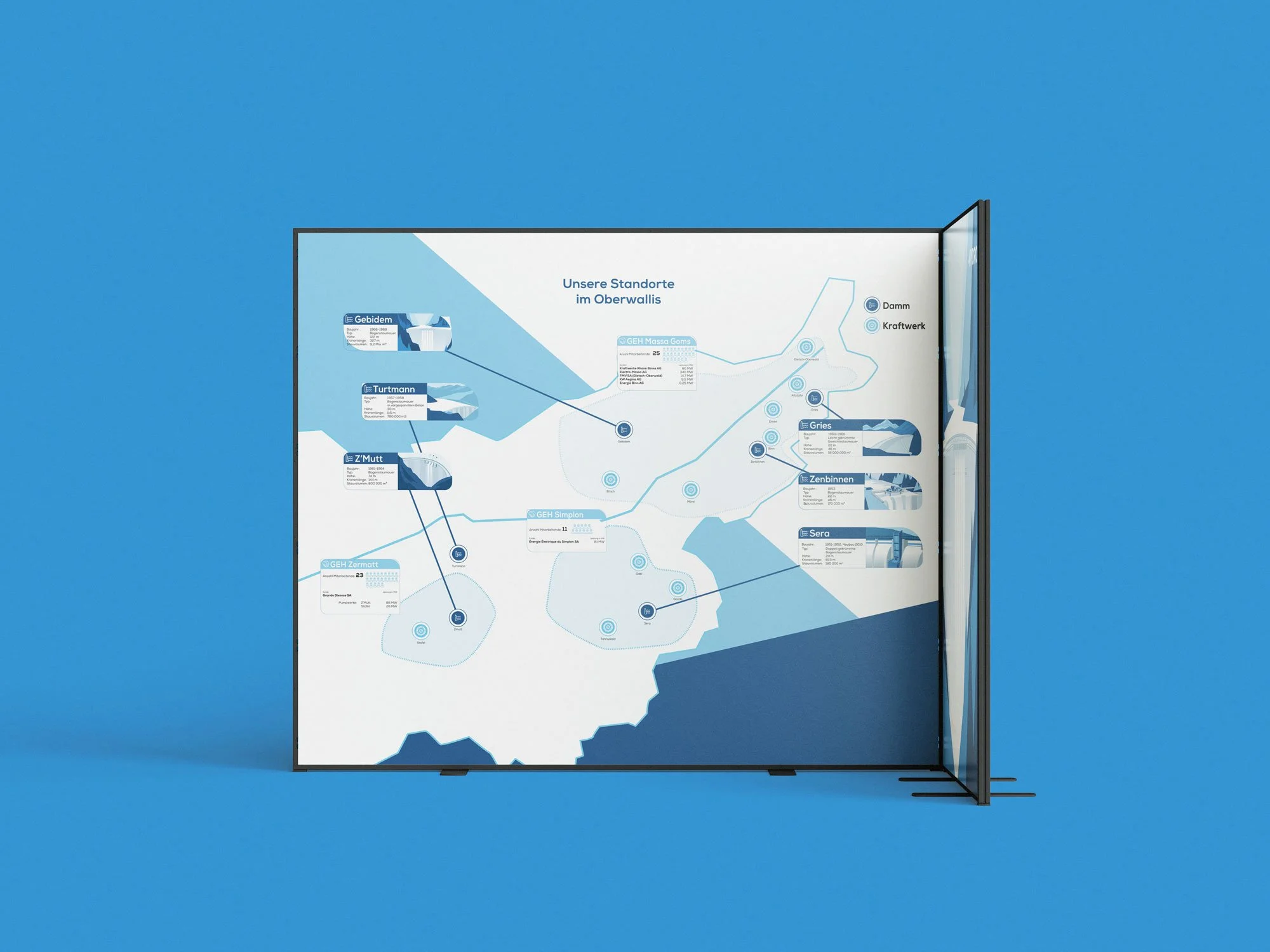 Une carte illustrée qui présente les lieux et installations hydroélectriques du Valais.