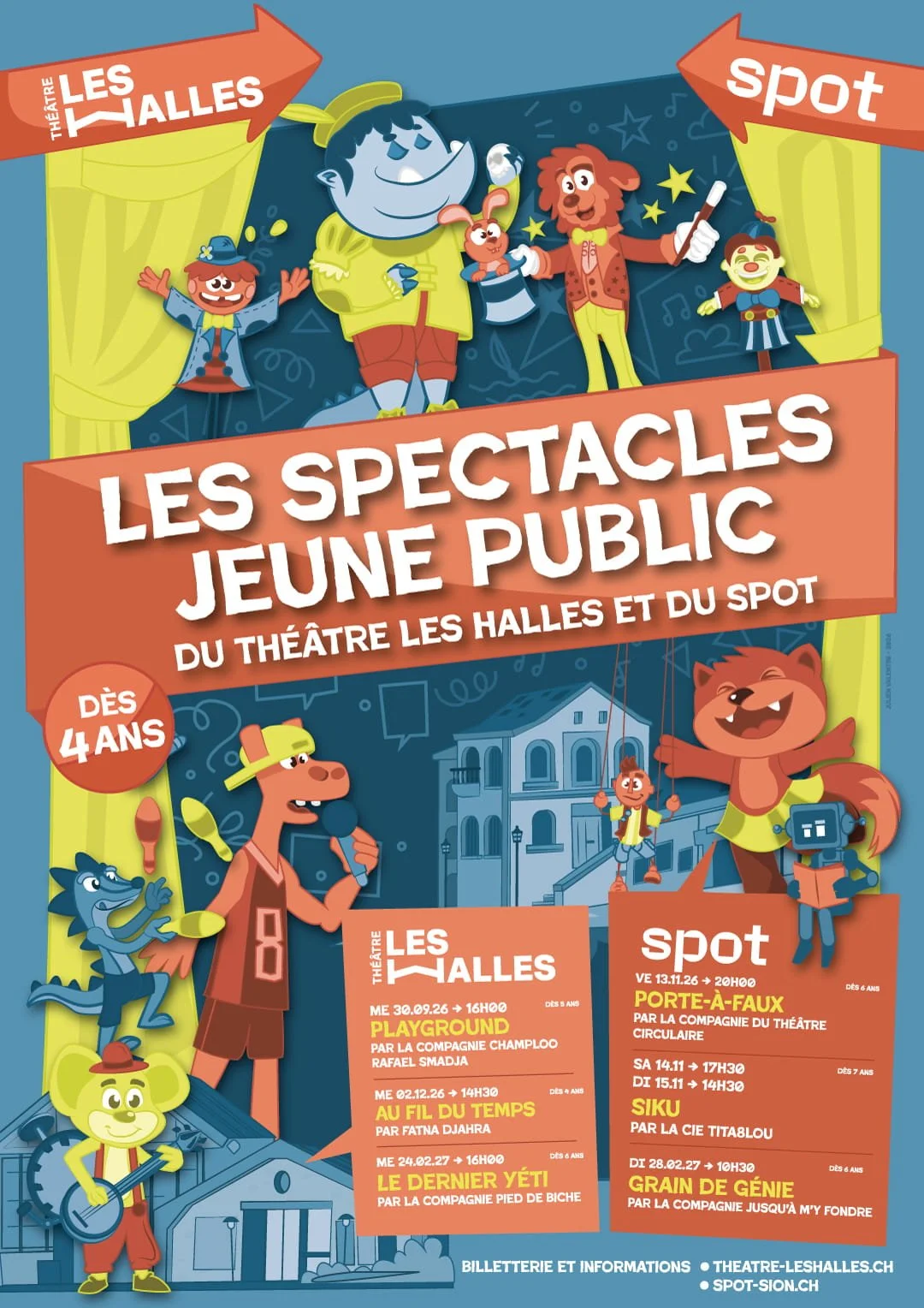 Affiche commune aux Théâtres Les Halles à Sierre et Le Spot à Sion. L'illustration présente les différents types de spectacles à destination d'un jeune public, richement illustré