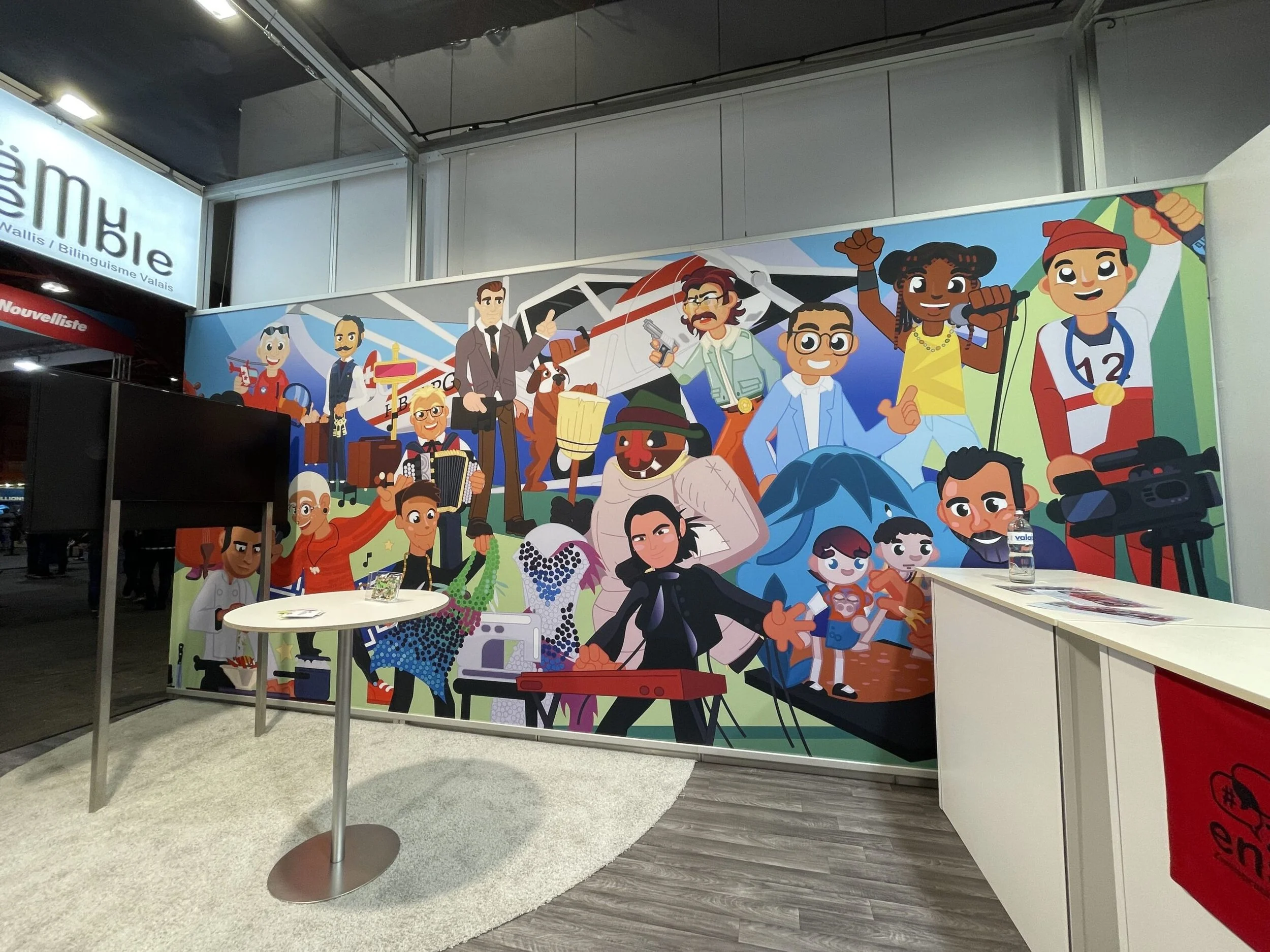 Une bache imprimée avec dessus des caricature de personnalités valaisans. La toile est tendu pour faire un stand lors d'un événement comme la foire du valais
