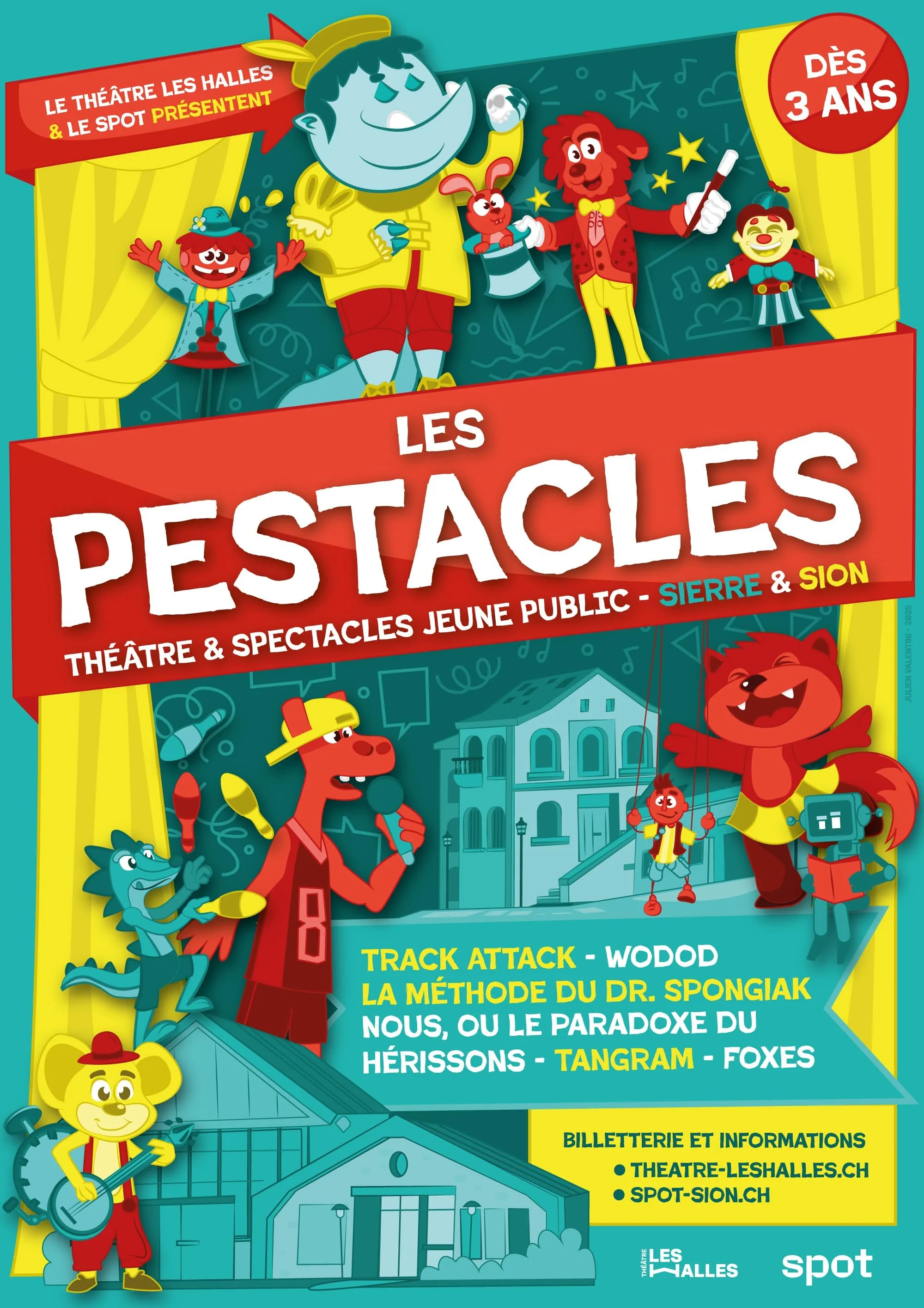 Réalisation de l'affiche commune aux Théâtres Les Halles à Sierre et Le Spot à Sion. L'illustration présente les différents types de spectacles à destination d'un jeune public.