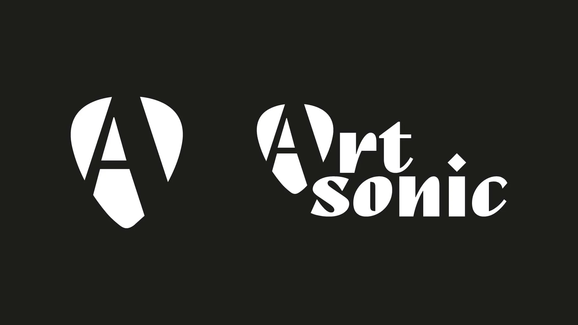 Corporate design de marque ARTSONIC. Un logo en forme de "A" dans une forme géométrique qui rappel le médiateur d'une guitare.