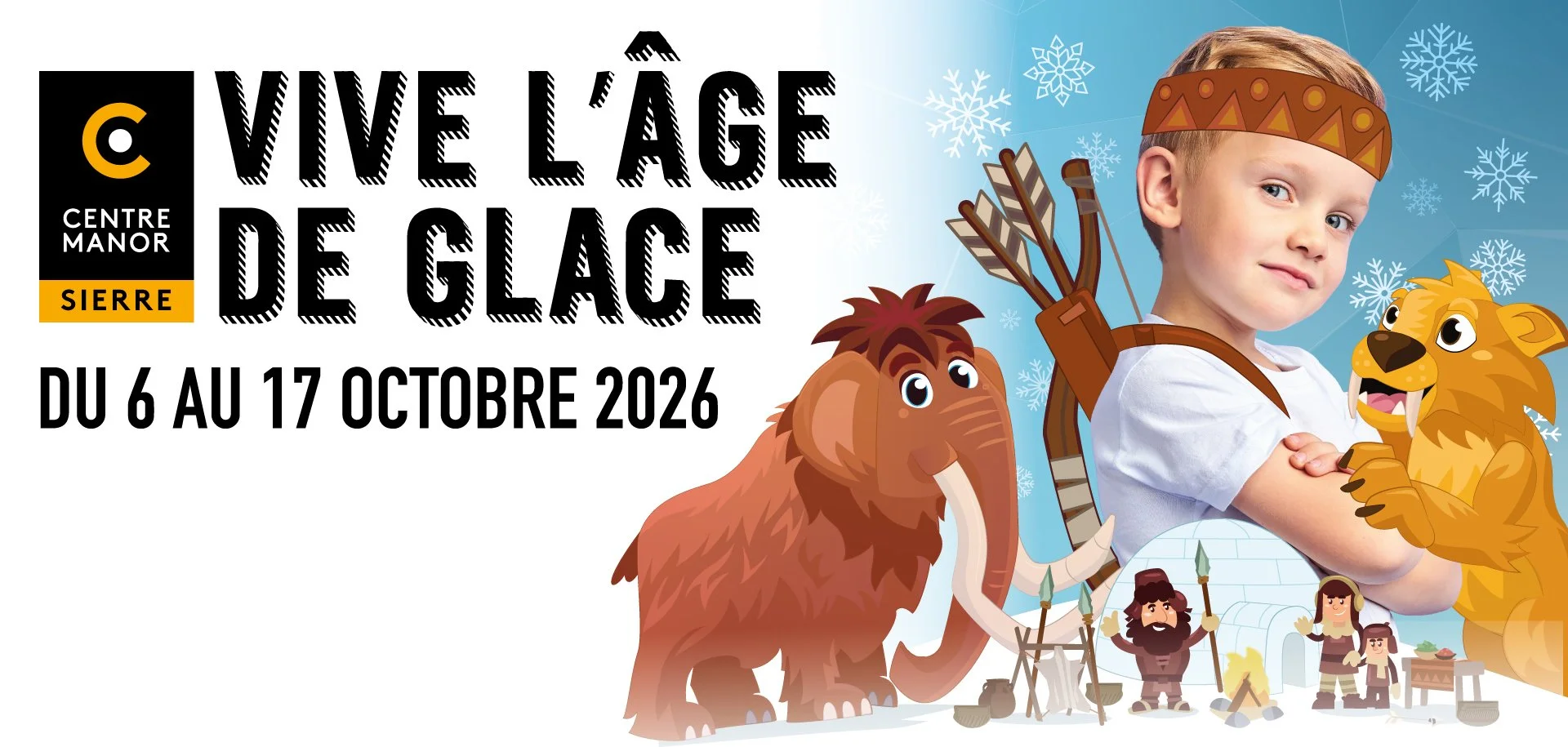 Un garçon de l'âge de glace entouré par un mammouth et un tigre illustré par Julien Valentini pour Mahakala à Sierre