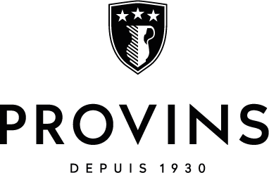 Logo noir avec un écusson et le texte 'PROVINS DEPUIS 1930' en dessous.