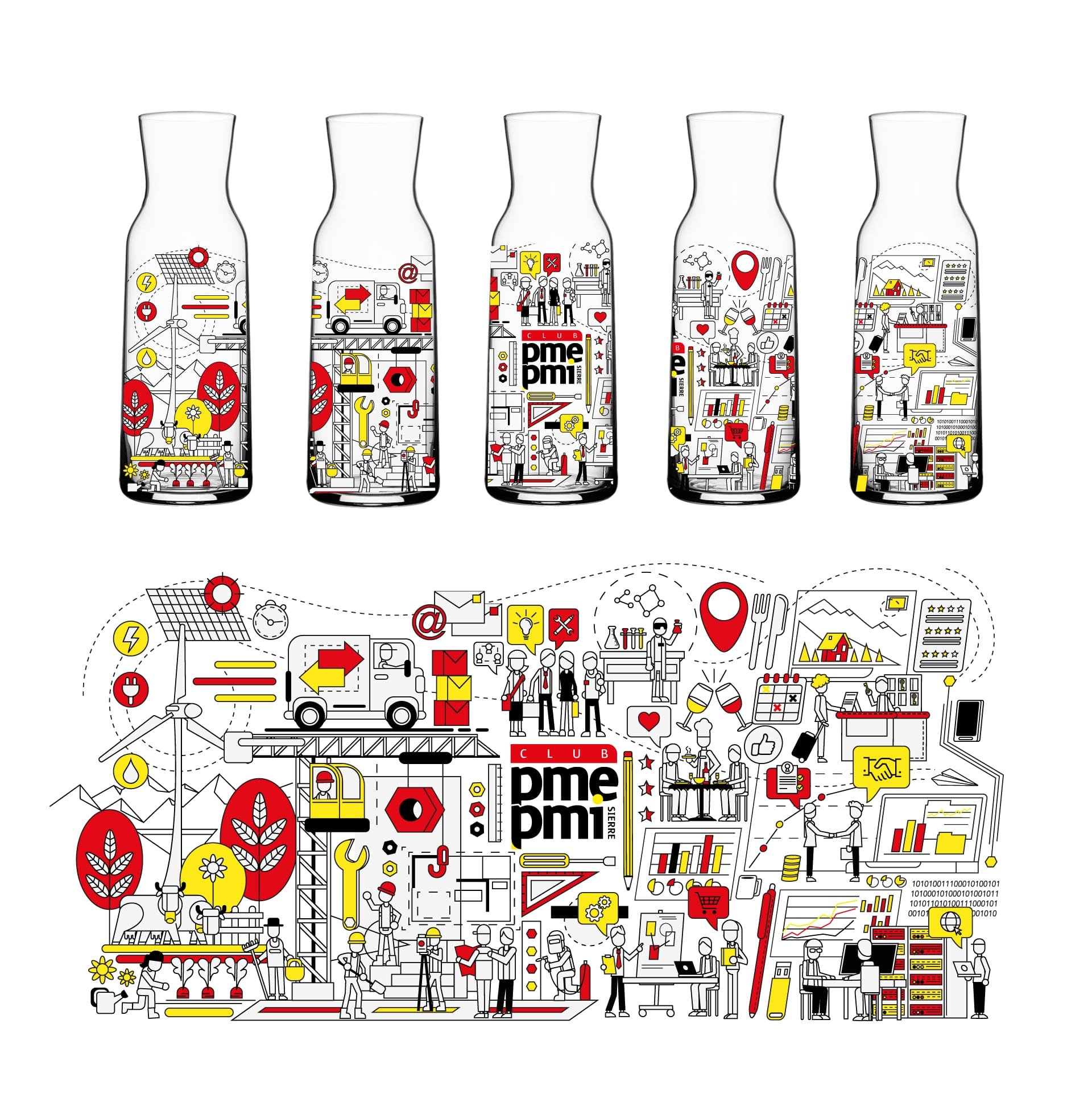 Une carafe à eau en verre avec un design sérigraphie très graphique représentant des entrepreuneurs et des métiers