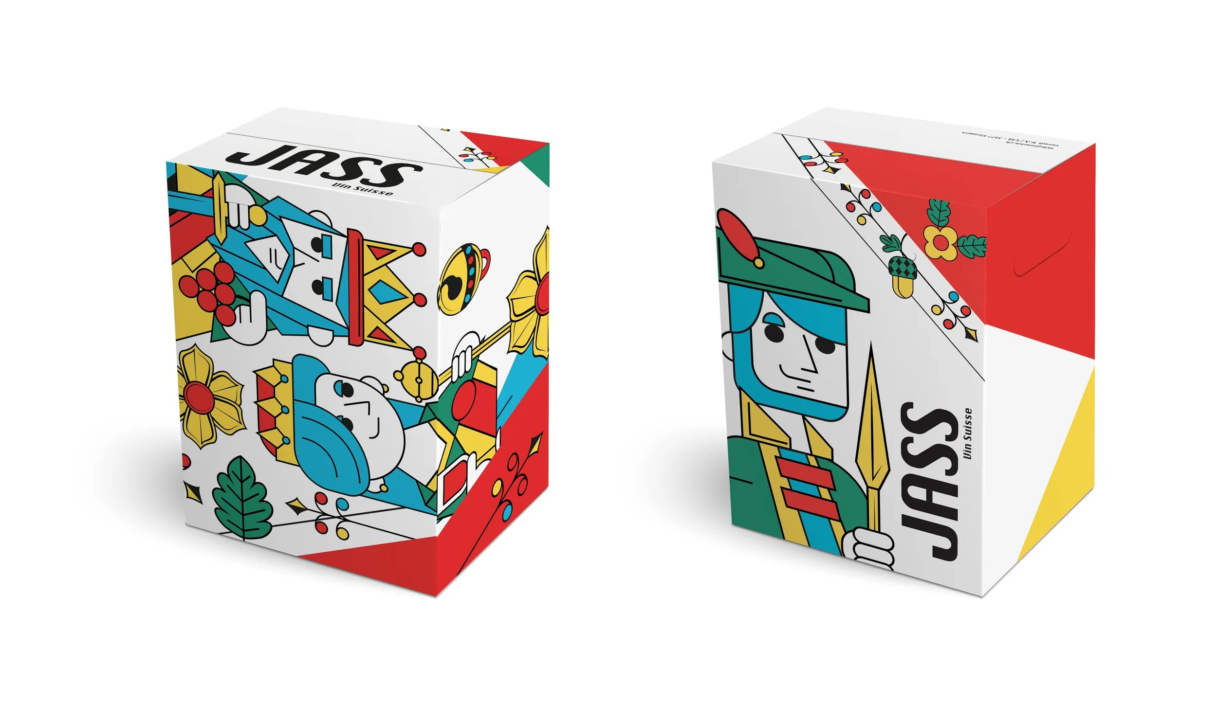 Une boîte en carton au design très coloré sur le thème du Jass.