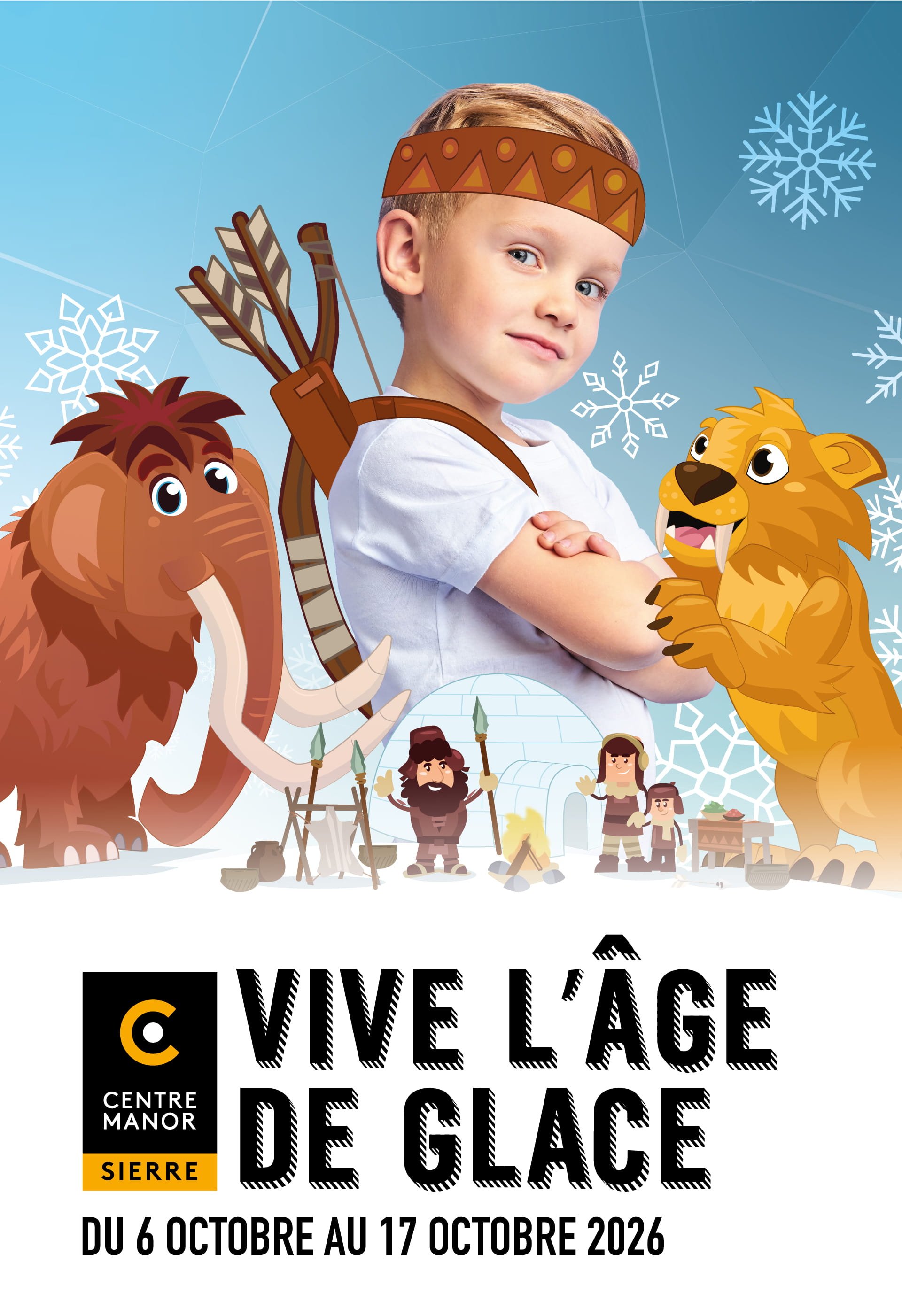 Affiche d'un petit garçon de l'Age de Glace entouré d'un mammouth et d'un tigre illustré par Julien Valentini pour l'atelier Mahakala à Sierre