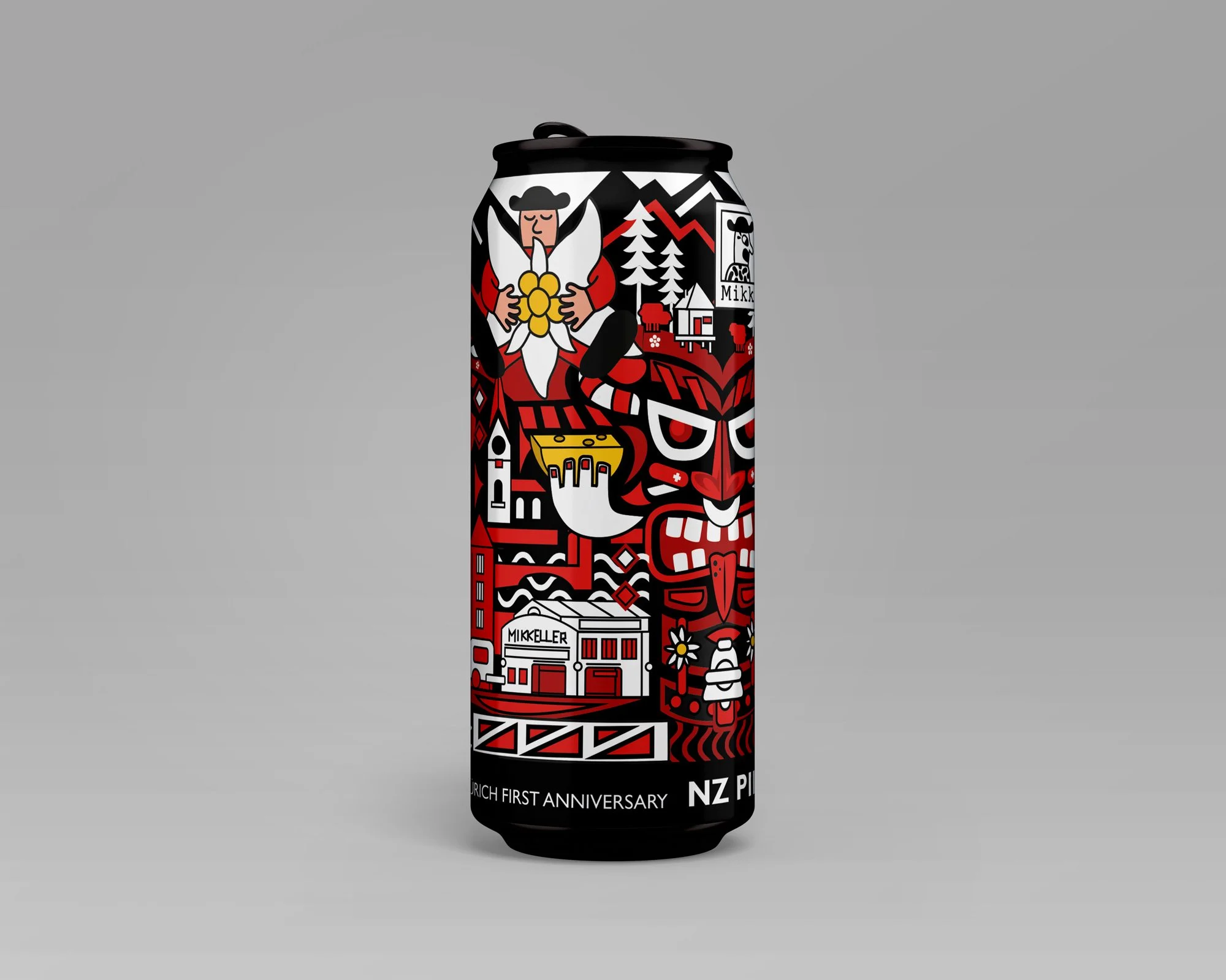 Une étiquette de cannette de bière, illustrée avec un personnage qui tire la langue et un autre qui fait de la raclette.