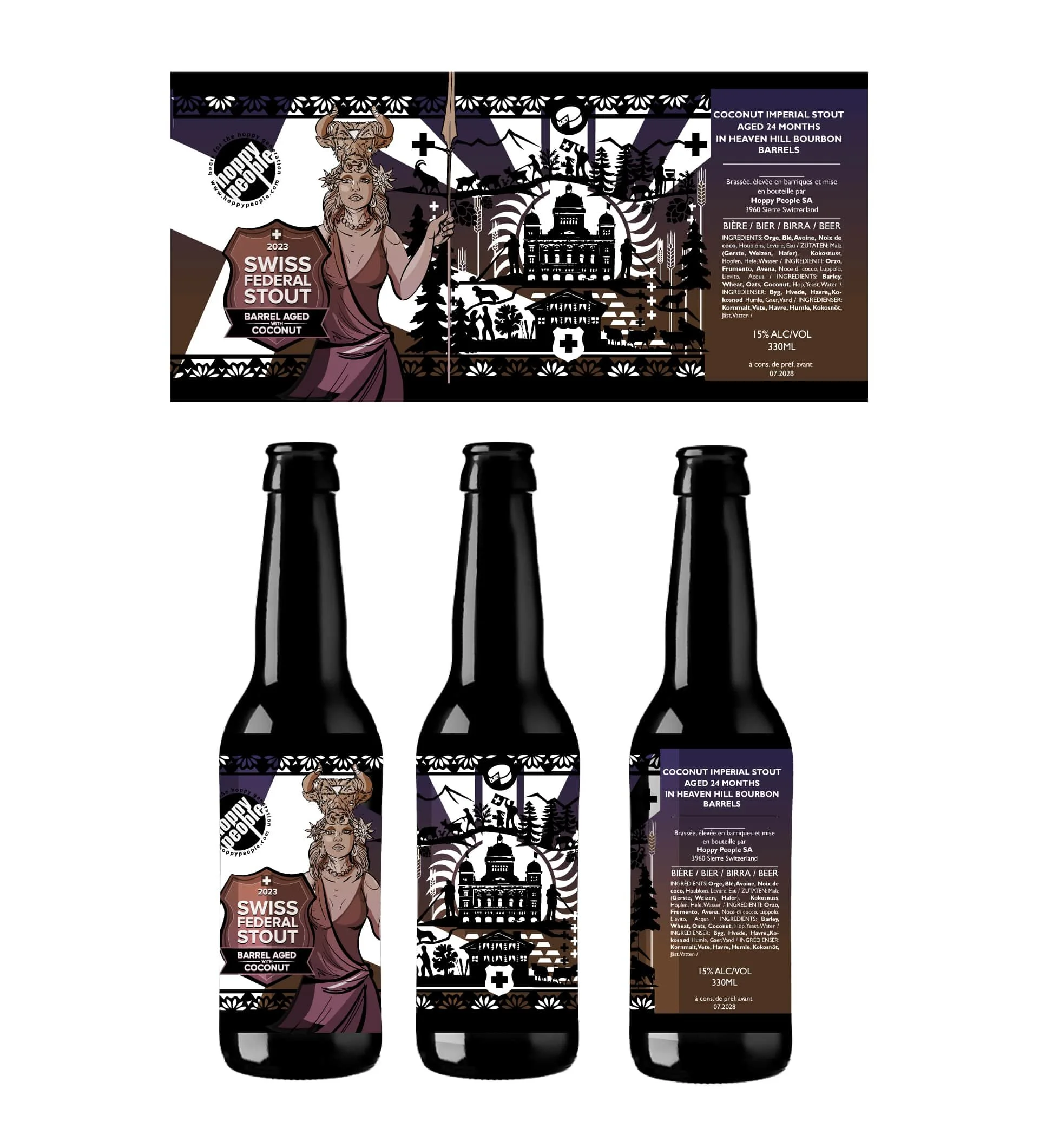 Trois bouteilles de bière avec une étiquette illustrée ressentant la Suisse, le plais fédérale et Helvetie.