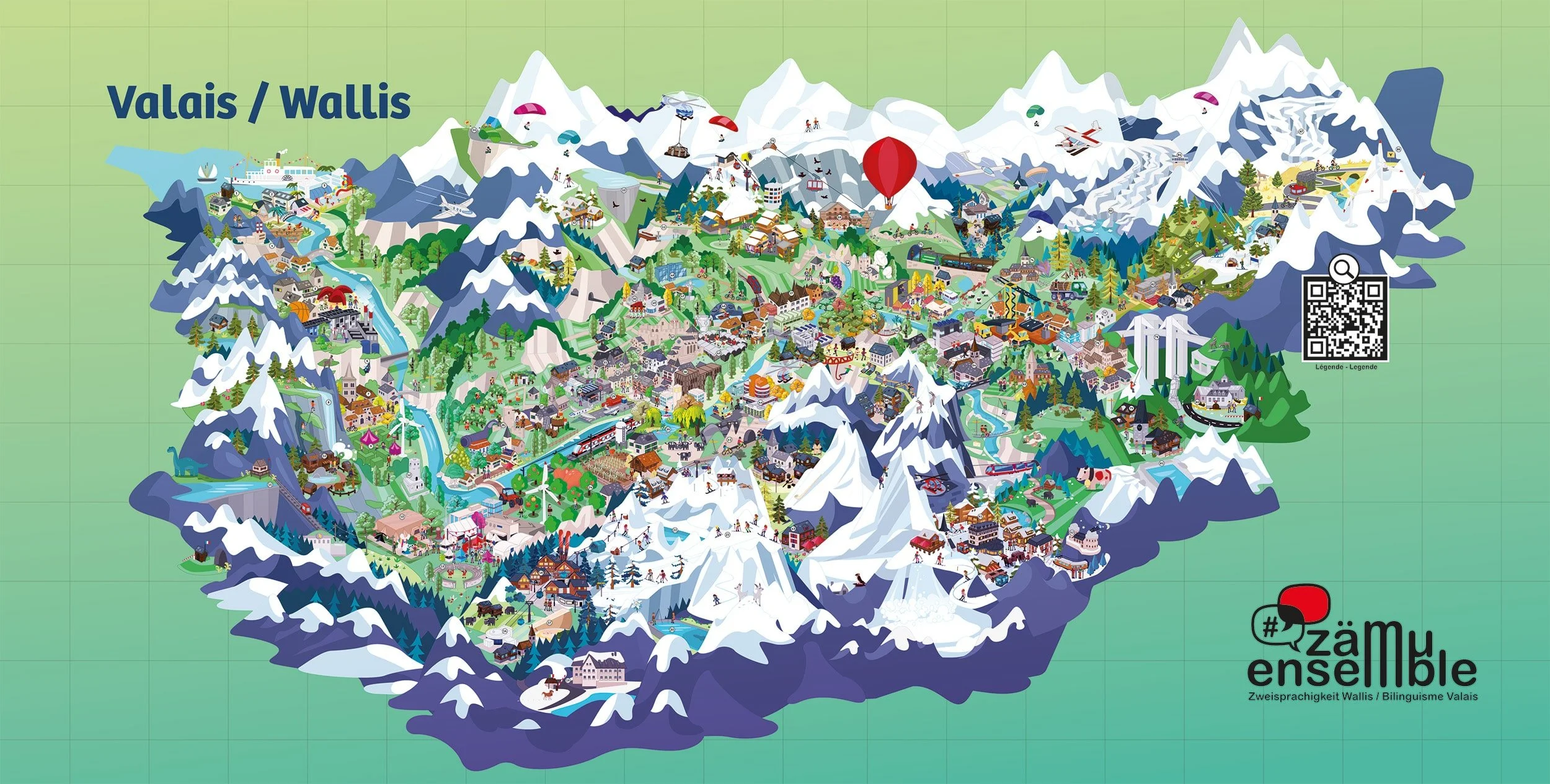 Une grande carte illustré du Valais avec beaucoup de détails dessinés. Le style est en flatdsign , illustration vectoriel.