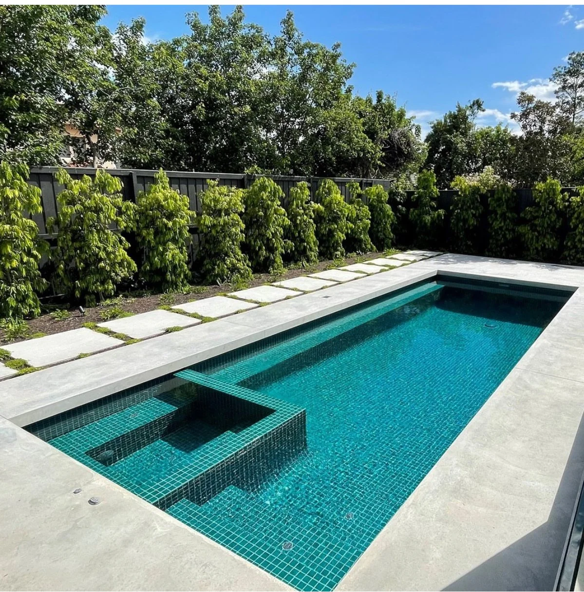 A small rectangular backyard swimming pool with clear blue water and a built-in hot tub, surrounded by a concrete deck and lush green bushes along the fence. There's a row of trees and a blue sky with some clouds in the background.