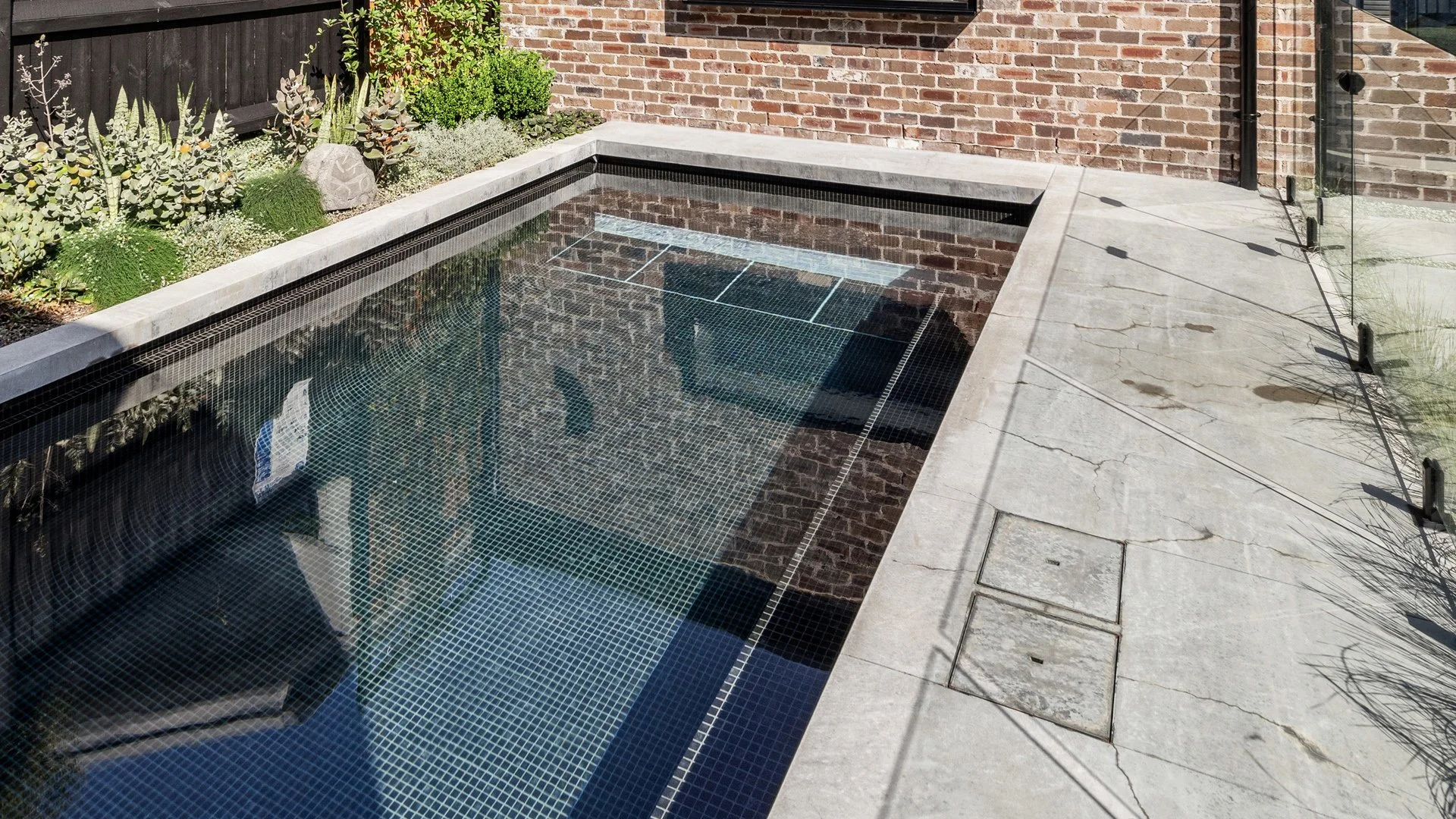 A rectangular swimming pool with a black tile border, surrounded by a light gray concrete deck