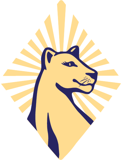 Stylized drawing of a mountain lion or cougar with a beige body and dark features, set against a yellow background with sunburst rays within a diamond-shaped frame.