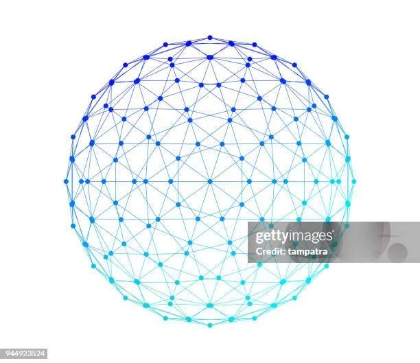 A digital illustration of a sphere composed of interconnected blue dots and lines, resembling a network or web.