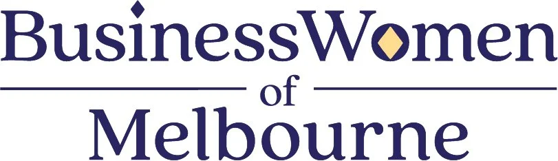 Logo for Business Women of Melbourne with text and geometric symbols.